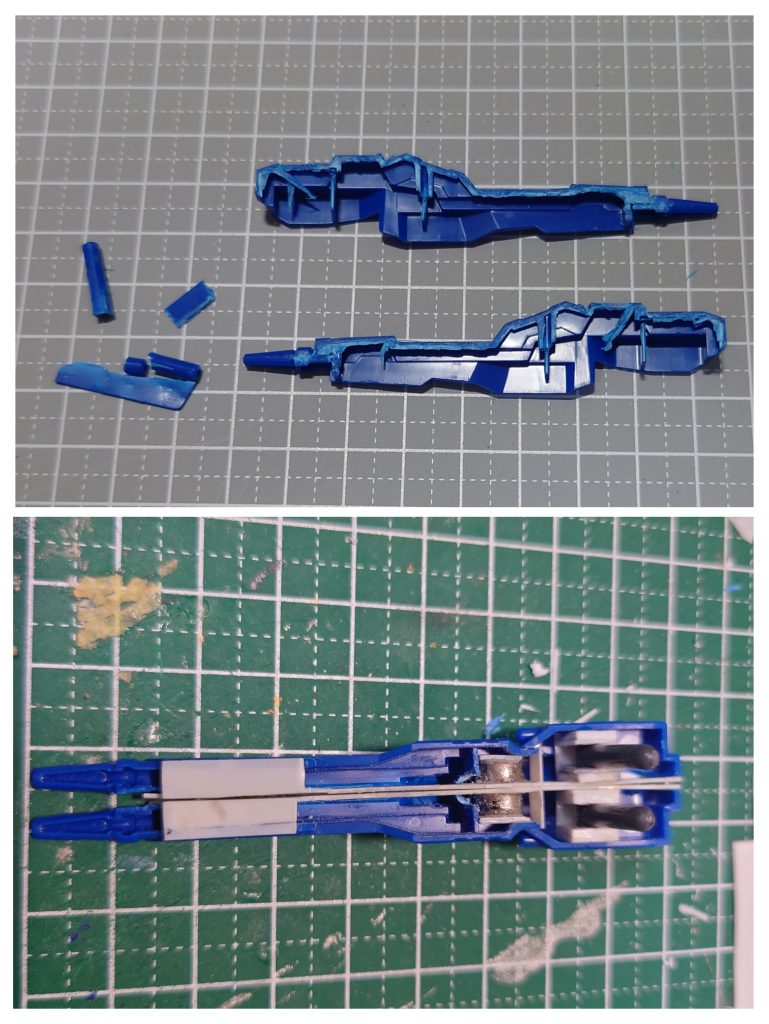 ツインバスターライフル　まあやらざるを得ない所ですが…大変です。分割した上でプラ板、パテなどで空洞部を塞ぎ、合体用にネオジム磁石を仕込み、左右それぞれに可動式のグリップを付けて、内側にはそれらしくモールドを彫り込んでいます。