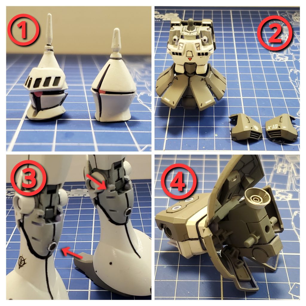 では今回の改修ポイント~🤩✨①頭部は騎士のメット感を出したかったので、ロビンマスクの額っぽいパーツをヴァリアブルポッドから切り取って使用🎵その時キットの中にギャンバルカンの頭部がある事を知り、ならばこちらを使い元のギャン頭部とコンパチブルにしようと思い、両方のヘッドを用意しました😆✨②ギャンのフロントスカートパーツは左右くっついていたので左右に分割処理👍️そして胸部の胸当てパーツはなんとなく分割したくて切断しました✂️③機動性アップの雰囲気のため、ふくらはぎ部分にバーニアノズルを埋め込みました🎵そして、バーニアノズル展開を表現するため、膝裏関節近くにスリットを入れ、ふくらはぎカバーがオープン状態になるようにしてみました😌④ヅダの系譜をイメージし猛然と加速する様をストーリーで描きたかったので大型バーニアをお尻部分に用意しました🤭💦