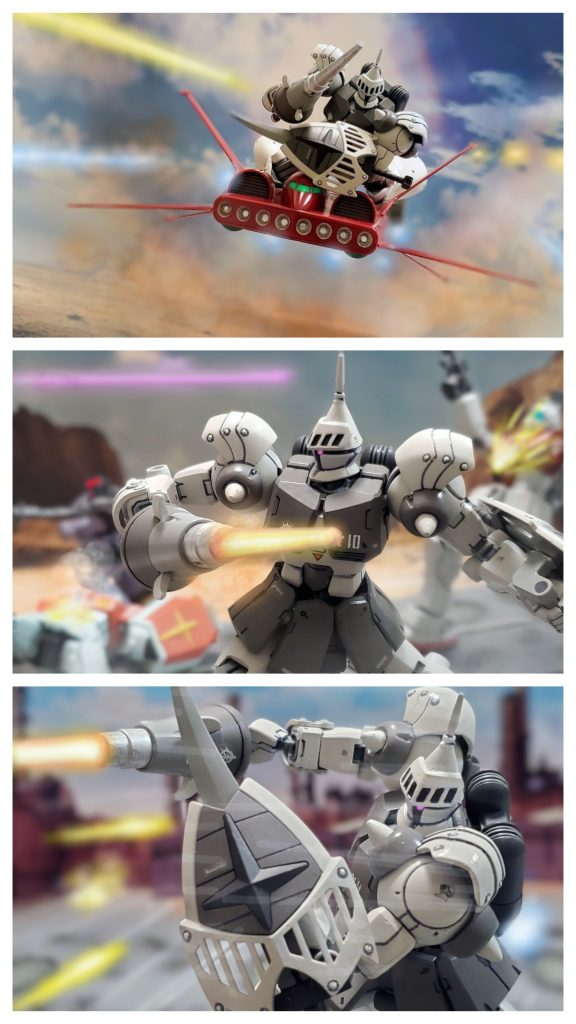 ニムバス大尉は砲撃を避けながら自らが先頭に立ちドダイ部隊を率いて低空からの突入を敢行する‼️機体性能を十分に発揮し出迎えの連邦軍MS部隊を翻弄するニムバス大尉。その間にガウ攻撃空母よりドム小隊も降下し乱入。連邦軍ベースは瞬く間に混戦状態に陥っていた💥ハクジはヒートランスを片手に次々と連邦MSを撃破していく。ヒートランスはヒートホークやヒート剣と同じ原理の白熱型の溶断武器。だがその形状により突貫性能に優れ、ジェネレーターの改良により白熱継続時間も大幅に向上していた。