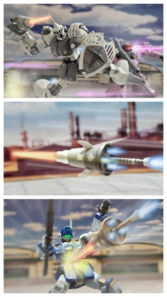 輸送艇が滑走路に向かう中、これを守ろうと激しい攻撃を繰り出してくる連邦MS部隊。その中でも遠距離でスナイパーライフルを放つジムは厄介な相手。近づけさせまいとするスナイパーの連続射撃をかわしながら、ニムバス大尉はハクジの唯一の遠距離攻撃ヒートランスの投擲体勢をとる。そしてハクジの放ったヒートランスは後部に備えられたバーニアが点火され高速の弾丸と化す‼️そしてヒートランスはスナイパータイプに直撃。ニムバス大尉は厄介な相手を見事葬り去る👍️