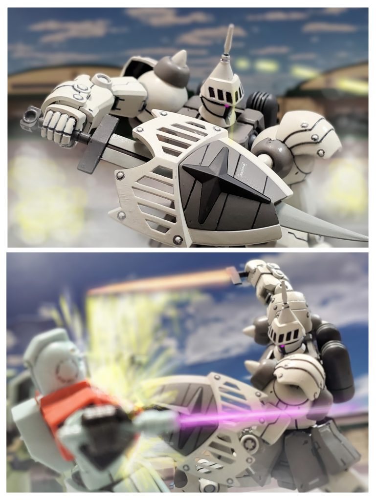 そしてランスを失ったハクジはナイトシールドに備えられたヒート剣を抜く。そしてニムバス大尉の得意とする剣撃でさらに連邦MS部隊を撃破し突破していく。