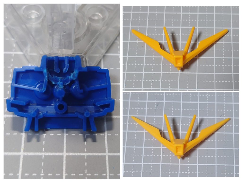 頭・首　スタイルで気になるのは首が長いところ。ポリパーツの収まりが良くないのが原因なので、B2⑩のパーツを削って少し埋めています。簡単なのでオススメ改造です。アンテナはシャープ化しました。