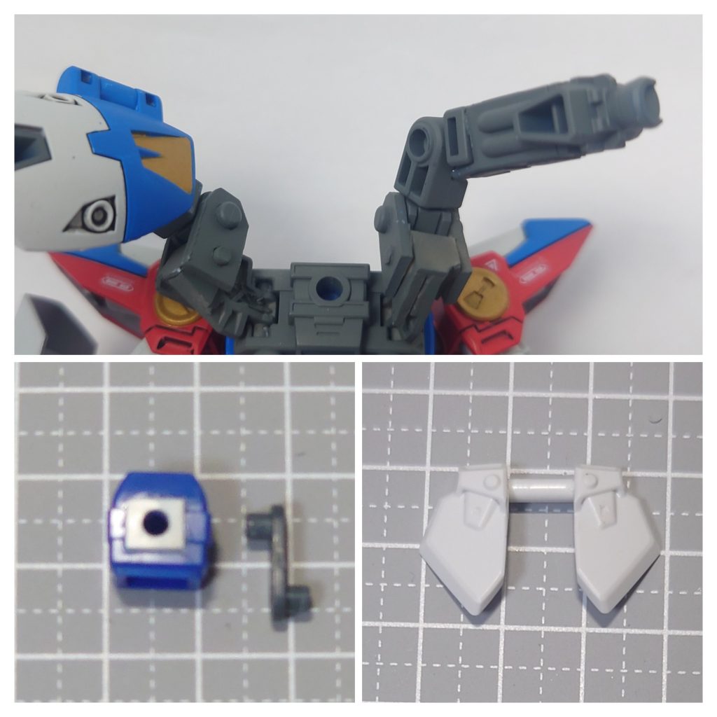 ウイング　ガンプラバトルアームアームズのジョイントで可動域が大幅に上がりました。ここが大きく動くと見せ方の幅が広がりますね。左腕　シールドは持つのではなく腕に直付けが正解なので、30MMのジョイントを使って接続出来るようにしました。違和感が消える。フロントアーマー　左右連結ですが可動化、脚を前に出しやすくなりますが結構な手間の割に見た目は変わらない（笑）。