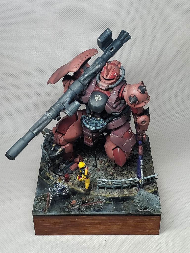 1/48ザク（1/114百錬+ORIGINザク+サンダーボルトザク+etc）久々のオリジナルジオラマにしてみました。MSを全高6ｍサイズと新解釈して、シャアが乗り捨てたザクに金髪さんが遭遇してしまうシーンをイメージして製作しました。いかがだったでしょうか(*'▽')次回作へのモチベーションアップにつながりますので、いいね👍や、コメント、　ブログへのご訪問など、ぜひぜひお待ちしておりますm(__)m