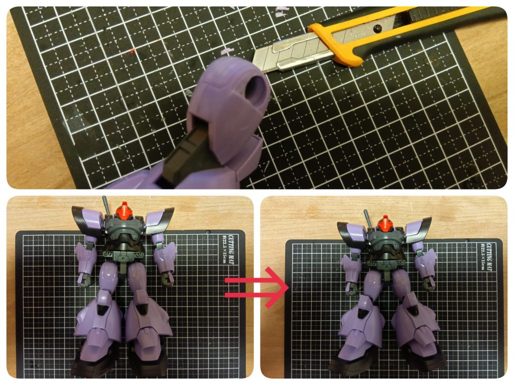 キットのままではハの字立ちできないので、削り込んで修正。