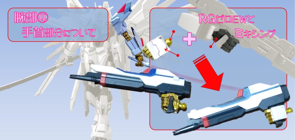 続いて、手首です。ＨＧの手首造形は、年々良くなってきていると思いますが、表現が限定的です。ですから、同じスケールのＲＧシリーズとミキシングしました。マイフリの手の甲と、ボールジョイントを、ＲＧゼロＥＷの手首に移植しました。干渉部分があるので、現物合わせで加工しました。 ハンドパーツを変えるだけで、グッと良くなります。 『オシャレは足元から』と言いますが、『ガンプラはハンドパーツから』かもしれません。