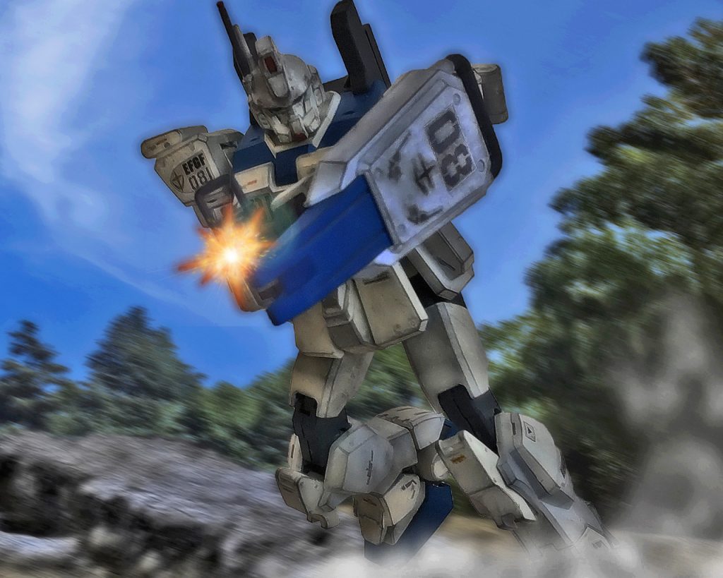 「来たかっ!!」カレンとサンダースが隙を作り、シローも森を抜けると後方から来たジムに応戦する。互いに射撃戦を繰り広げつつ、シローはある事に気づく。(前の砲撃機と連携を取っている様子がない…。単機で自分を狙っているという事は…)敵の長距離狙撃は自分を狙っている様子がなく、このジムが執拗に追いかけてくる点から、今自分に攻撃してきているのが指揮官機だとシローは判断した。(…あの小隊長らしい戦法だ)