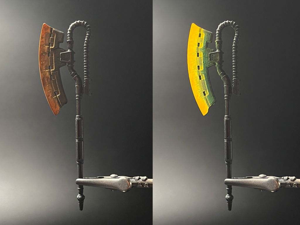 ブラックライトで赤熱するヒートホークも作ったんですけど出番無しになりました。