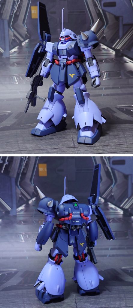 マラサイの前後ろ。工作は、ゲート痕処理、エッジ尖らせ、パーティングライン・段ズレ・ヒケの対処、面出し、合わせ目消し、市販パーツ貼り付け・埋め込みによるディティールアップ、関節・可動軸への真鍮線仕込みを実施。胸部の上面、右肩シールド基部、脛後側は合わせ目を削って目立たせ、ディティールに偽装しました。