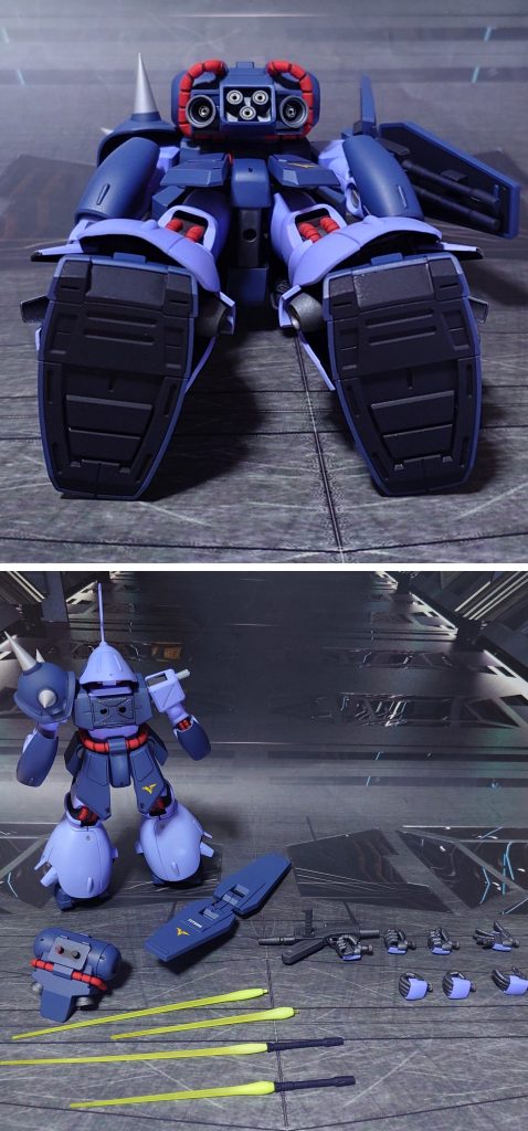 下からのアングルと付属品一式。手首はキットのデフォルトでは少ない(右銃持ち手、右サーベル持ち手、左平手)ため、HGUCシナンジュ・スタイン(NT.Ver.)から右銃持ち手、左右サーベル持ち手、左右握り手、左平手、グフ・カスタムから右平手を流用。右銃持ち手は、マラサイのライフル専用とするため、手の平を少し削って調整。手甲もシナンジュ・スタイン(NT.Ver.)から必要数全て流用しました。股下には3ミリ穴を開け、展示ベースに対応。サーベル刃エフェクトはキット付属のものが短いため、クリアイエロー成型のSB-13を2本追加しました。■塗装レシピ薄紫:パーツ裏側に黒サフ→パーツ表側にグレーサフ→ラベンダー→光沢→つや消し青:黒サフ→アマゾンブルー→光沢→つや消し濃青:黒サフ→ダークブルー→つや消し金属色グレー:黒サフ→ブライトガンメタル→つや消しパイプ部赤:ミッチャクロンマルチプライマー→グレーサフ→MSレッド→つや消しサーベルグリップ、サーベルラック:ダークブルー→つや消しポリキャップ:ミッチャクロンマルチプライマー、またはPPプライマー→(各色)サーベル刃エフェクト:先端側にクリアイエロー→根本側にグランプリホワイト→全体に蛍光イエローモノアイレール:ブラック→つや消しモノアイ:市販のレンズ型パーツとシール素材を使用→光沢ビームライフルセンサー:市販のシール素材を使用その他部分塗装、墨入れ:ガンダムマーカー各種→つや消し