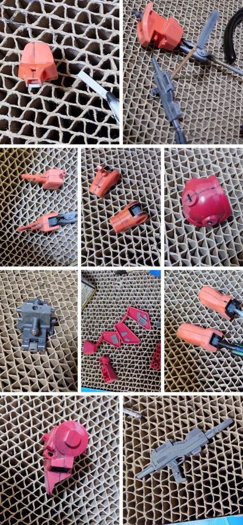 合わせ目消し等の様子。合わせ目消しは、頭部、首周り〜腹部ブロック、肩ブロック、左肩アーマー、前腕、腰部〜股関節ブロック、太腿、バックパック、ビームライフルに実施。腰フロントアーマーを分割、真鍮線で繋いで抜け落ちにくく加工。腰リアアーマーは分割せず、左右連動のままとしました。