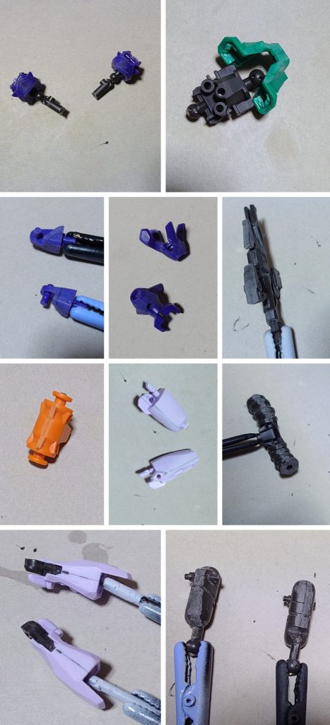 合わせ目消しの様子。合わせ目消しは頭部2種、腹部、肩スラスター、上腕、太腿後ろ側、脛内部パーツ、バックパック、ビームライフルに実施。