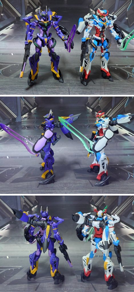 GQuuuuuuXとの比較。■塗装レシピ紫：黒サフ→パープル→光沢→つや消し薄紫∶黒サフ→MSパープル→光沢→つや消し黄：グレーサフ→黄橙色→つや消し黒：黒サフ→メタリックブラック→つや消し赤：黒サフ→メタリックレッド→光沢金：ダークブルー→メタルゴールド→光沢銀：ダークブルー→メタルシルバー→光沢ビームサーベル刃：根元にベースホワイト→先端側にメタリックパープル→光沢エスビット展示ジョイント：黒サフ→光沢ツインアイ、センサー類：キット付属シールを使用その他墨入れ・部分塗装：ガンダムマーカー各種