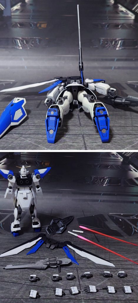 下からのアングルと、付属品一式。手首は30MMオプションセットのものに交換。装備として、キットにはビームサーベルが付属しないため、HGBFスタービルドストライクからビームサーベルを2本、ビーム刃エフェクトも2本流用しました。