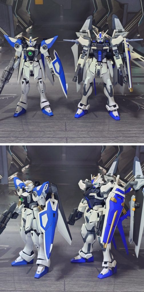 カラーリングのイメージ元、ストライクガンダムkとの比較。■塗装レシピ白∶パーツ裏側に黒サフ→パーツ表側にグレーサフ→パープルヘイズ→キャラクターホワイト→光沢→つや消し青:黒サフ→コバルトブルー→キャラクターブルー→光沢→つや消し金:黒サフ→ブラック→メタルゴールド→光沢→つや消し濃青:黒サフ→ダークブルー→つや消しグレー:黒サフ→ニュートラルグレー→つや消し関節・武器類グレー:黒サフ→ブライトガンメタル→つや消しビームサーベルグリップ白:キャラクターホワイト→光沢→つや消しビームサーベル刃:根元にベースホワイト→先端側にメタリックレッド→全体に蛍光ピンクツインアイ:黒サフ→光沢→ツインアイ部分にガンダムマーカー・サイコフレームホログリーン→ガンダムマーカー・光沢胸部ファイティングサイト:市販のレンズ型パーツ、シール素材を併用→光沢その他墨入れ・部分塗装:ガンダムマーカー各種