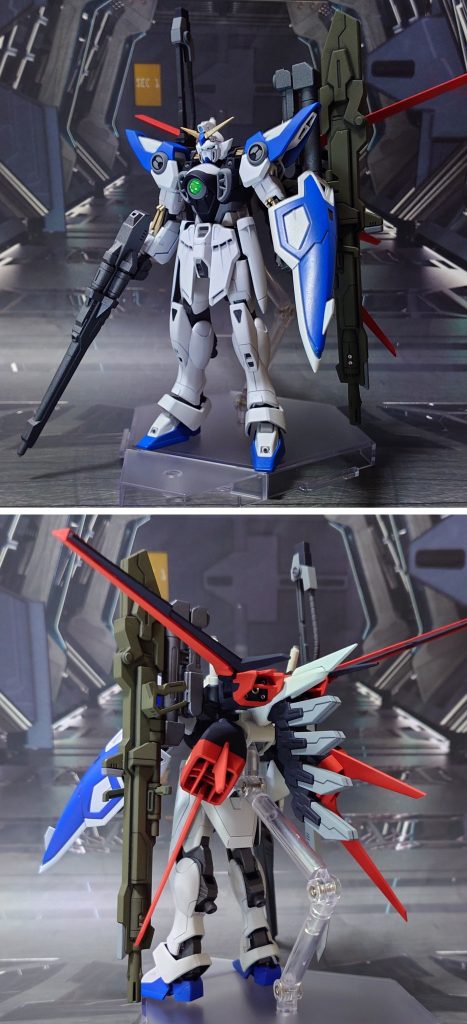 マルチプルアサルトストライカー装備で前後ろ。過去にEGビルドストライクエクシードギャラクシーk用に全塗装した、オプションセットガンプラのエールストライカー(マルチプルアサルトストライカー)も共用装備ということにしました。取り付け方は、エールストライカーのオプションセット内にある、2つ穴用ジョイントを使用するのみ。無改造で装備可能、嬉しい誤算でした。