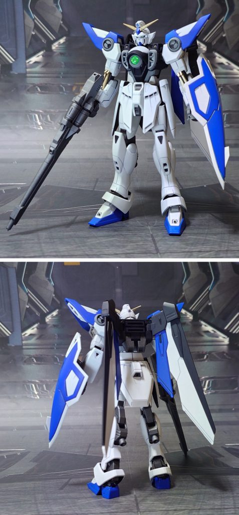 ウイングガンダムkの前後ろ。工作は、ゲート痕処理、エッジ尖らせ、パーティングライン・段ズレ・ヒケの対処、面出し、肉抜き穴埋め、合わせ目消し、穴開け、市販パーツ貼り付け・埋め込みによるディティールアップ、ディティール削り落としによるディティールダウン、可動軸への真鍮線埋め込みを実施。