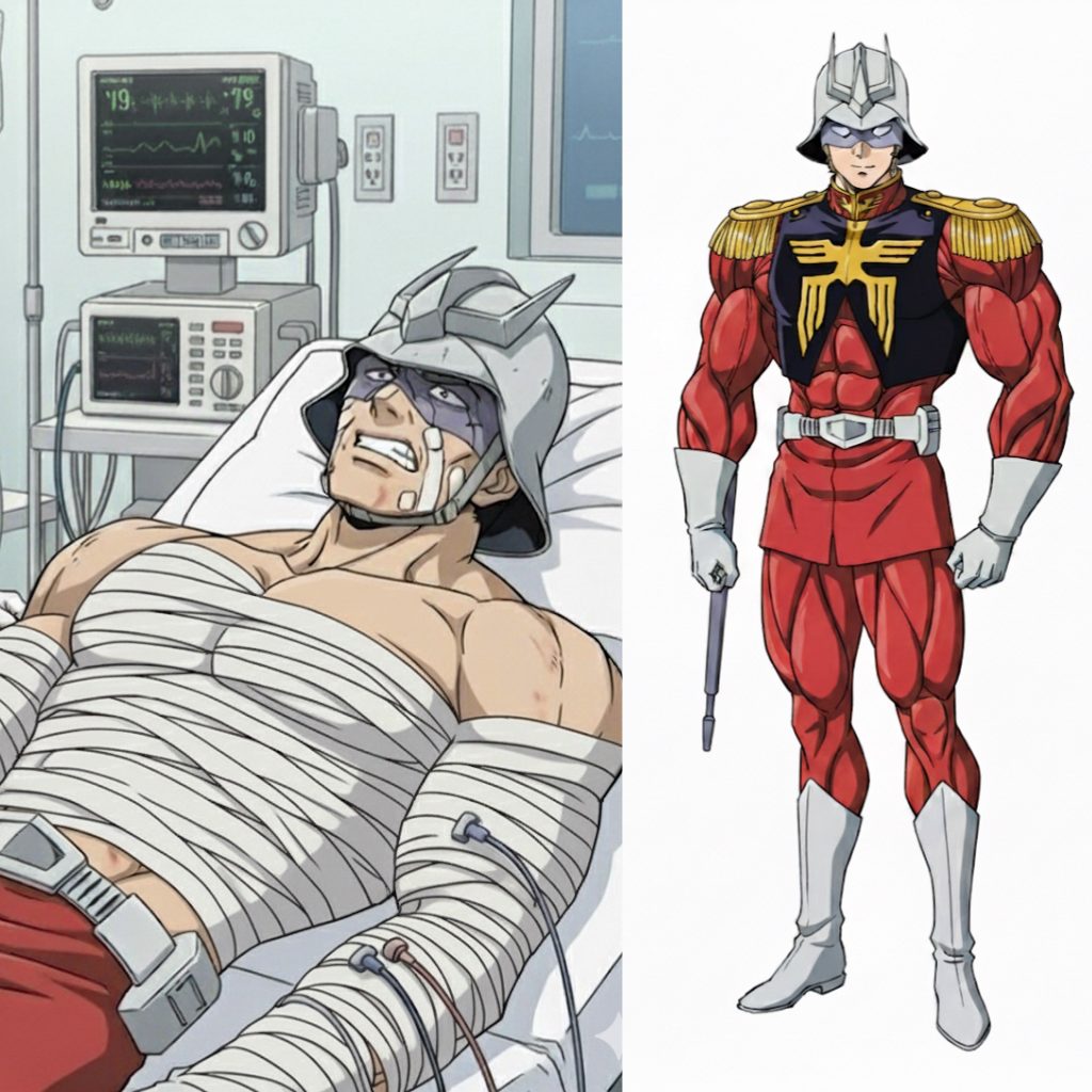 さらに妄想設定です。レオンの演習中に負傷した赤い彗星、カスミ・シロウ(シャアでもキャスバルでもないです)過去については不明。ガイドス帝国から鹵獲したズクを強化改良型にして自身のパーソナルカラーで愛機としていたがレオンの覚醒により大破。当初はゲルグに搭乗する予定であったが中止、ガンガル強化改良型に乗ることになる。