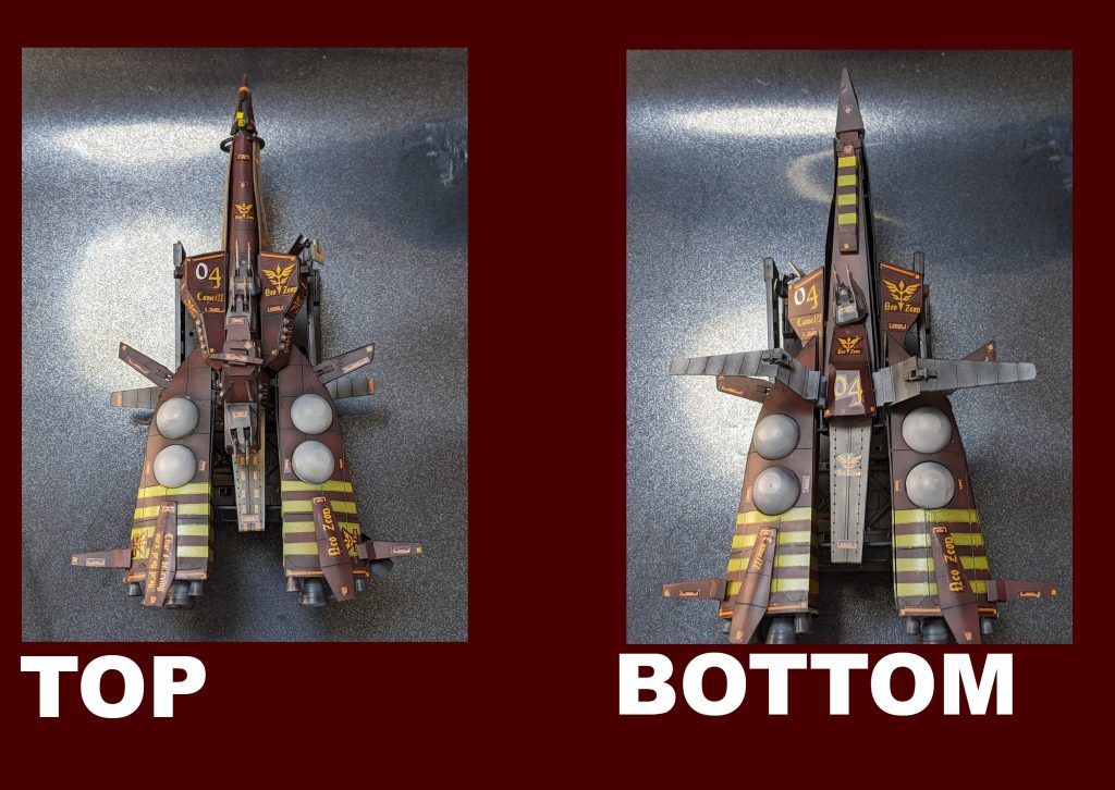 ガレキを手に入れるか私の作品でないと絶対に見ることができないムサカ級の裏側。なんだかカニとかカブトエビとかひっくり返したみたい💦艦首裏側にはランチの管制塔（？）ナナイが見送っていた所があります。そして逆襲のシャアでは一般的なでかい放熱板。クラップ級もそうですが入港時に絶対に邪魔になるので折り畳み＆前後へ回転可能なようにしています。あとプロペラントタンク（うちでの通称は白玉）は１００均の水性樹脂。乾燥して縮むし気泡できるしでシぬほど整形に苦労しました💦 