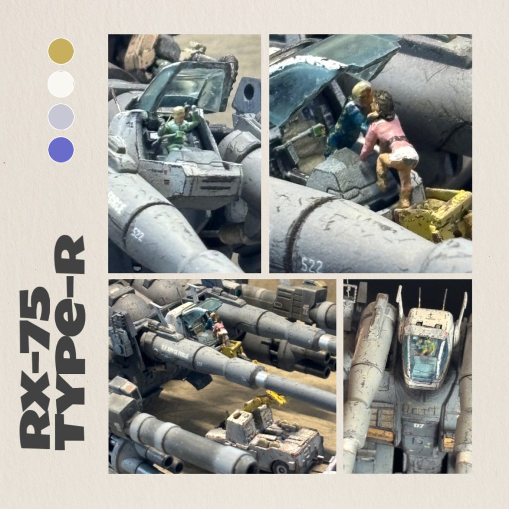 右上のシーンを作りたくて、ガンタンクそっちのけでフィギュアとコクピットを先に完成させましまた。キャノピーは洋白線でヒンジを作って開閉します。バケット車はトミカのレッカー車を探して改造しました。チーム八州レーシングのエースドライバーはスレッガーロウ元中尉です。恋人でスポンサー、八州重工CFOのミライ女史が現地へと応援に駆けつけます、といったシーンです。本編では不遇だった2人の幸せな時間を、世界最小スケールで作りたかったのです。