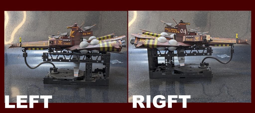 左右から。私がフルスクラッチを行うときには必ず、設定を見直して、CADで設定通の大きさにしてから作り始めるのですが、ガンダムの世界観はとにかく大きさが合っていないことが多く。このムサカ級はその最たる例と言えます。このムサカ級の公式設定の全長はなんと１６０ｍ。小さい小さいと言われていますが果たしてどうなのか？ＣＡＤで設定画を１６０ｍで再現してみたところ、ＭＳデッキが１０ｍ程度、艦橋が外寸で３ｍ程度と話にならないくらい矛盾が生じました。そのため、私の作例では３５０ｍ級の艦船として作成しています。こうすると艦船は外寸で１５ｍになります。またＭＳデッキは意図的に３０ｍにしています。①だって総帥のＭＳ入んないとかシャレにならんでしょう・・・？②ガレージキットのムサカだとヤクト・ドーガが立ったまま入れないという違和感解消のため。③ギラドーガがシャクルズ込みで入るようにするため。ちなみに公式発表と実物がずれていることは実際の兵器でもよくあります。意図的に排水量を少なくしたり、主砲口径偽ったりなど当たり前ですのでネオ・ジオン公式発表では意図的に小さくしていたのでしょう。