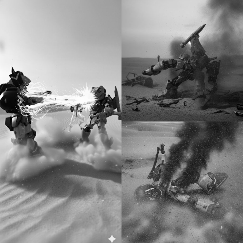 さらに妄想設定は続きますm(__)m前回模擬戦でヘッドチェンジ後に覚醒したレオン、別の世界からきたドンにより強化改良型ズクを追いつめるが、ズクはヒートホークをレオンの頭部に投げつける。レオンは頭部破損とオーバーヒートで停止、ドンも消えて模擬戦を終える。覚醒原因、別世界からきたドン・ホフマン、謎のままレオンの開発は中止となった(あくまで妄想のガンガルでの世界です💦)