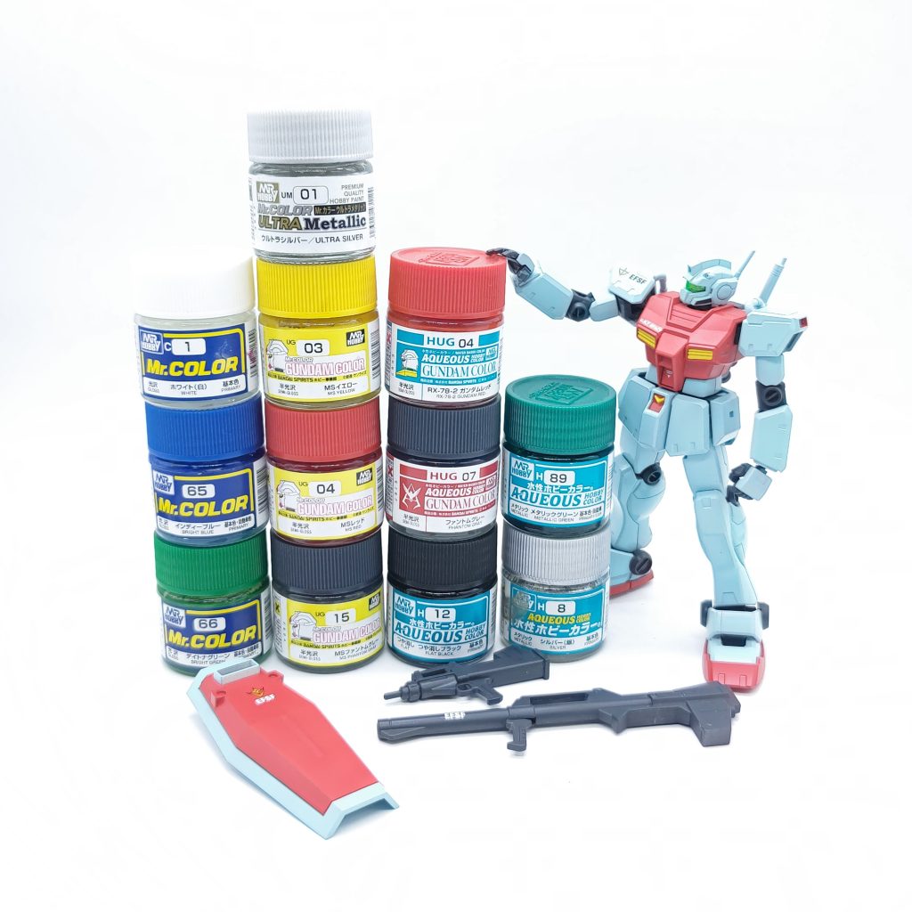 使用した塗料こうして塗ってみると、ジムカスタムの青白はジムと同じなんだなと実感。赤も青白に塗るとそれっぽくなるかな？