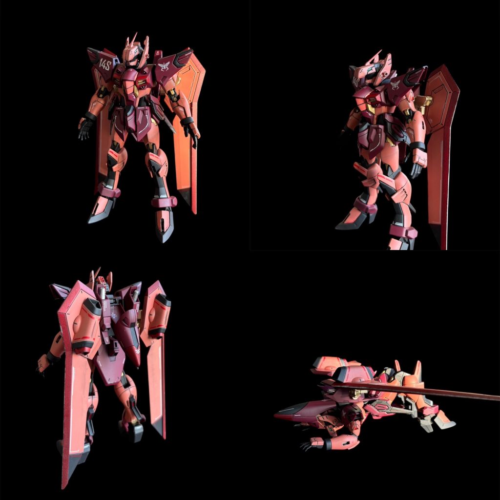 顔をコトブキヤのカスタムパーツ、カラーリングを全体的にシャアレッド、ピンク、ラバーブラック、一部にタミヤのピュアメタリックレッドとクレオスのメタリックレッド、関節部はタミヤのメタルゴールドとクレオスの黒鉄色、クリアーは艶消し、一部半艶、全て缶スプレー仕上げです。MA形態の先端部でMS形態時に背中へくる部分は一部カットしただけですが一旦外すことなくできるようにしました。画像右下は着地をイメージした姿勢です。