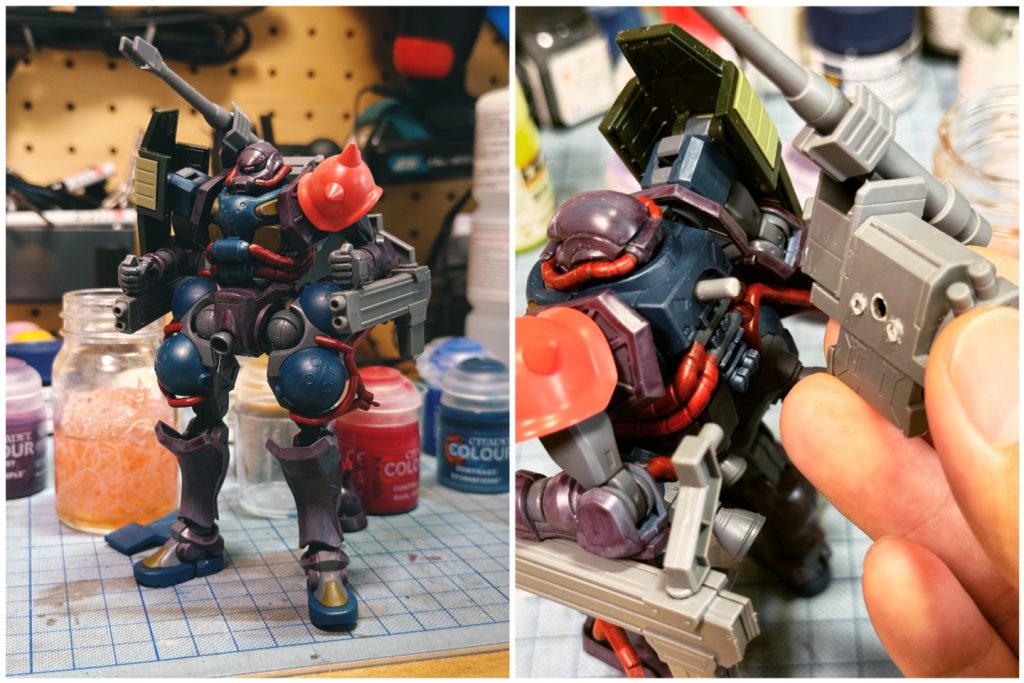 メカサフヘビーの上にシタデルコントラストを筆塗り塗装して全体の配色バランスを確認。ミキシングは、ほぼポン付け。右肩はザクキャノンの余剰パーツから。左肩はリバイブシャアザクから。