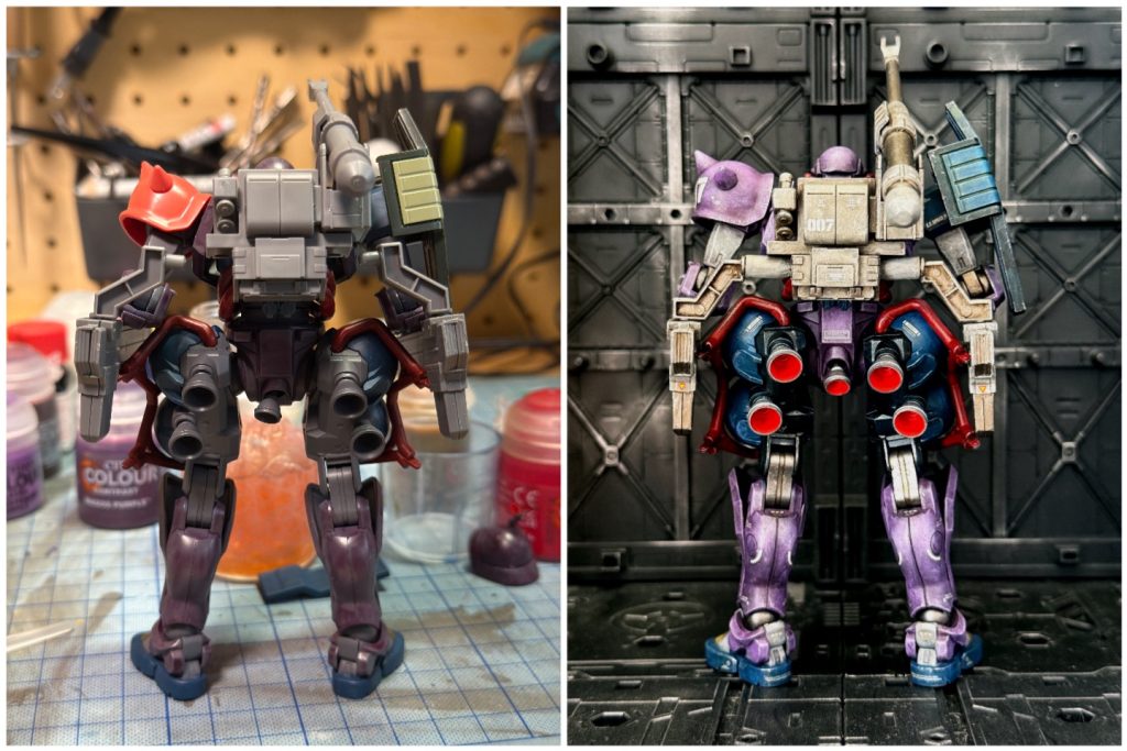 ランドセルとショルダーキャノンはザクハーフキャノンから。ビッグガン2丁のアダプターは水平方向にコトブキヤの延長パーツをかましています。