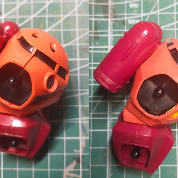 HGUCズゴック改修オリジナリティを発揮する前に、まずは可動域の狭さを修正腹部を削って前屈姿勢が取りやすくした後、頭部を改修悪人顔にしつつ頭頂部を削って、ギュっとした（ 語彙力）この時点で代表的なポーズは格好が付いたあとは膝立ちと腕だらん（ 語彙力）膝立ちさせるにはスカート？が邪魔なので、股関節を前後稼働出来るように調整しつつ、前スカートもRG的に可動するようにした膝立ちもそれっぽくなったが、腕が短い2〜3ミリ延長した方が異形感が高まるので、後ほど修正（2枚目）