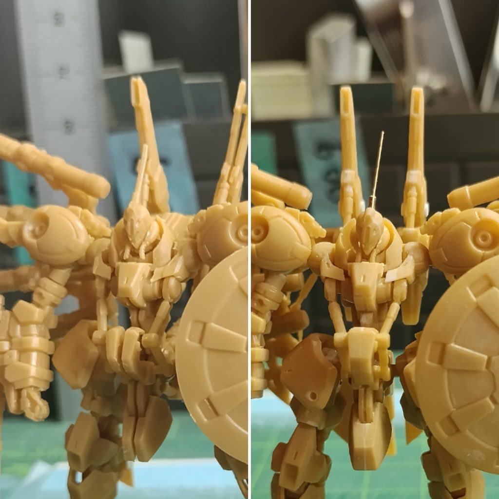 今回唯一行った改造。頭部のアンテナが太くて丸くモッサリしていて気に入らなかったので、真鍮線に置き換え。メインは0.3mm、根元は0.7mmのパイプです。大分シャッキリしたのではないでしょうか。