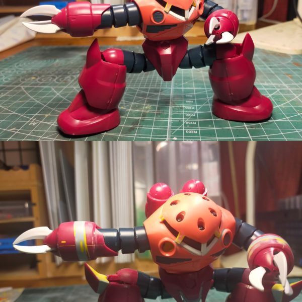 ズゴック基礎改修ふくらはぎ上部をカットし、直角以上に可動域を広げたその分膝が寂しくなるのでカット&位置調整してボロ隠しを行った腕は4ミリ延長し、シルエットを整えた モノアイ部は新設カットしたマグネットバーにプラバンを上下からサンドする形でレール部分を作っているちなみにレールの上下は2ミリ幅の結束バンドでディテールを足しているモノアイの裏にもネオジム磁石を貼ることで、マグネットバーに沿って自由に位置調整出来るようにしている（3枚目）