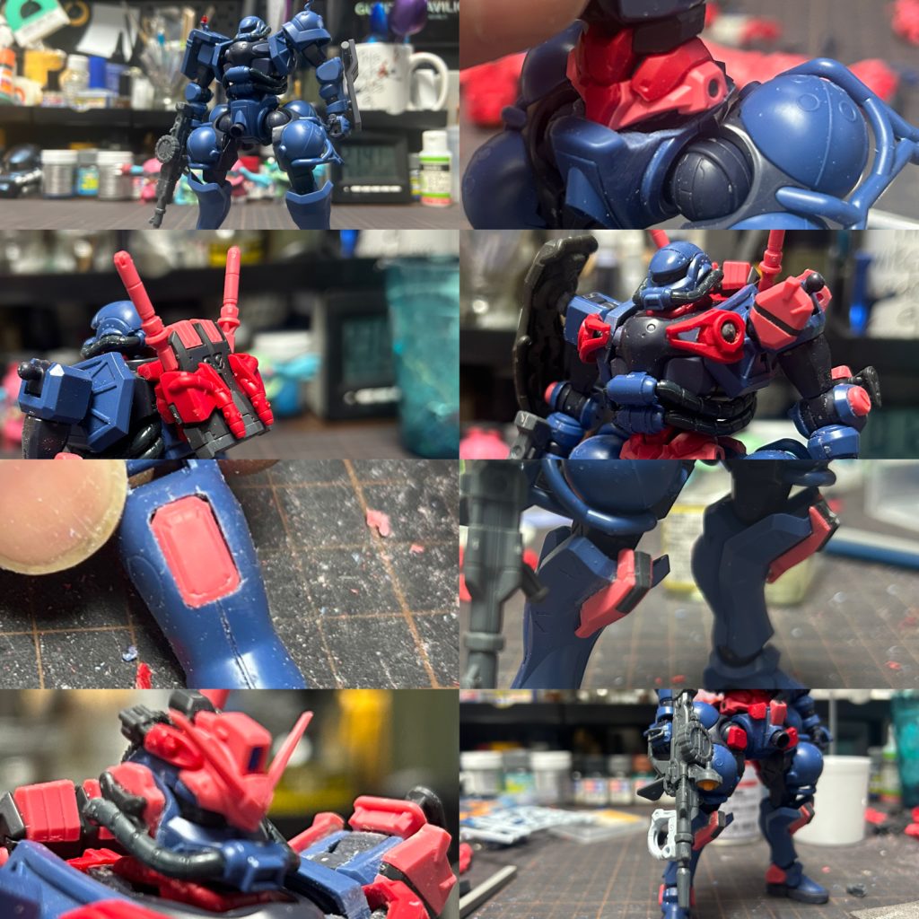 どうしたらガンダム寄りのザクできるかな?というわけでガンダムたらしめるパーツを切り貼りしてます。結構強引に付けてる為マスキング塗装は必須でした。GQキットはパーツやディテールがちいさくて全てをマスキングするのは困難だった為若干筆塗りもしてます。肩のディテールとかちょっとよくわからなくて削っちゃったのでプラ板で作り直したりもしてます。8月中旬くらいからやってましたが割と早くできたと思います。ジークアクスとかまた作りたいとは思うんですが結構お腹いっぱいです。