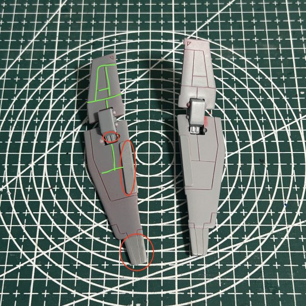 ウイングシールドをプラ板で延長しつつ、スジボリ追加してノッペリ感をなくすようにしてみました。（4枚目）
