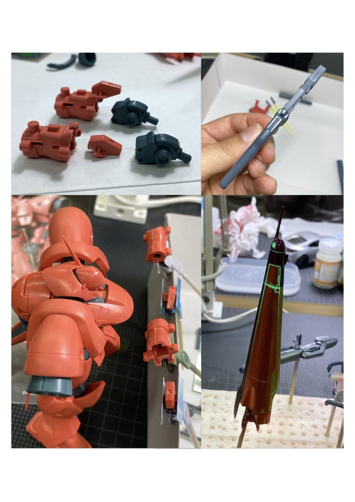 合わせ目消しに挑戦して、それに伴う後ハメ加工もしてみました。消せてない箇所もあったりで、これも今後の課題ですな。ブースターは当初使うつもりなかったので実験台にしましたが、問題なさそうなのでプロペラントタンクも合わせて完成させました。前述した様に拭き取ったと思ってもUVライト当てたら拭き残しまくり笑拭き上げ頑張りました。