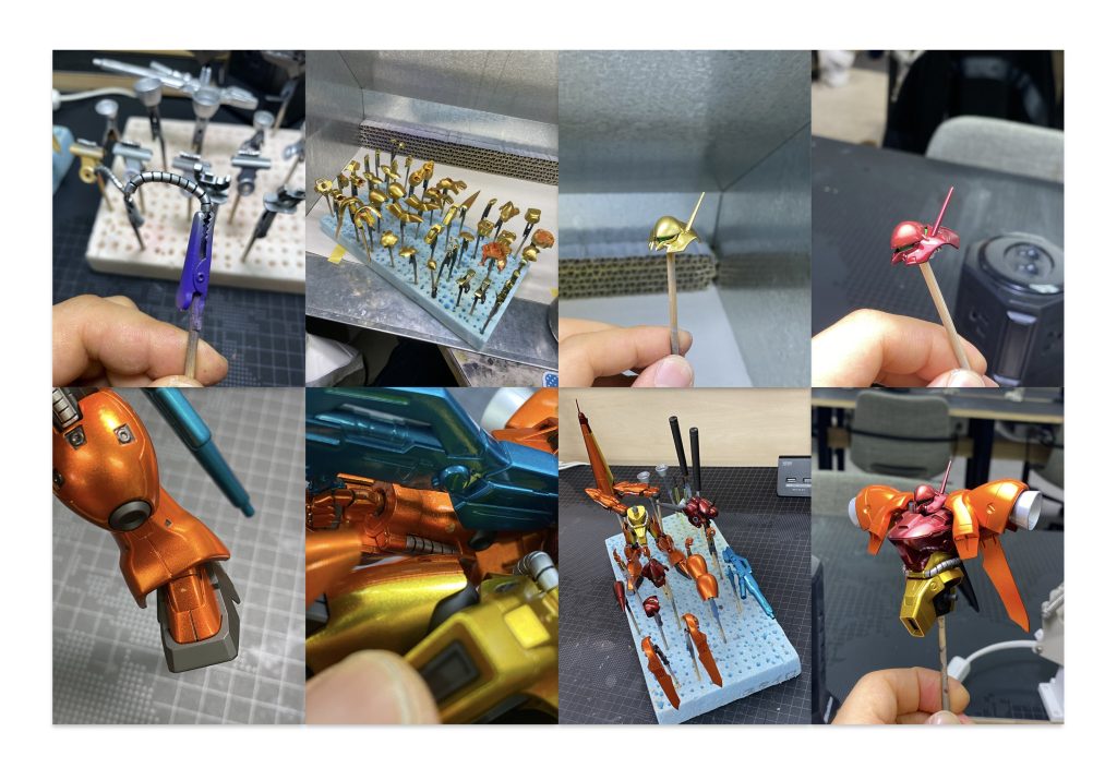 作業中の写真など。バーニア、パイプ、ビームライフルはスーパーシルバー。パイプのエナメル処理は簡単かつキレイに出来たのでやってて楽しかったです。装甲はまずラフゴールドで特に下地は使わず。ゴールドクロスみたいで、これはこれでアリだなと思いつつもクリアーカラー3色を乗せていきました。その他の細かいディテールはエナメルで筆塗りしてます。アンテナは安定のシャープ化工作。そして組んで動かしてたら塗装剥げが…目立たない箇所なので目を瞑りました笑