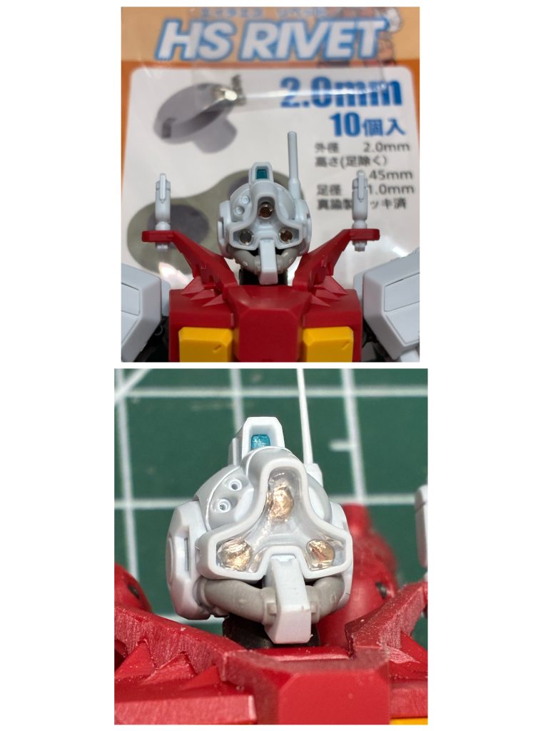 独特の顔は、三つ目を金属パーツに置き換え、カバーはクリアレジンで製作しました。しかし、最終的にはカバーを使わず、レジンで直接埋めました。アンテナはボカタ機同様、伸ばしランナーに置き換えています。