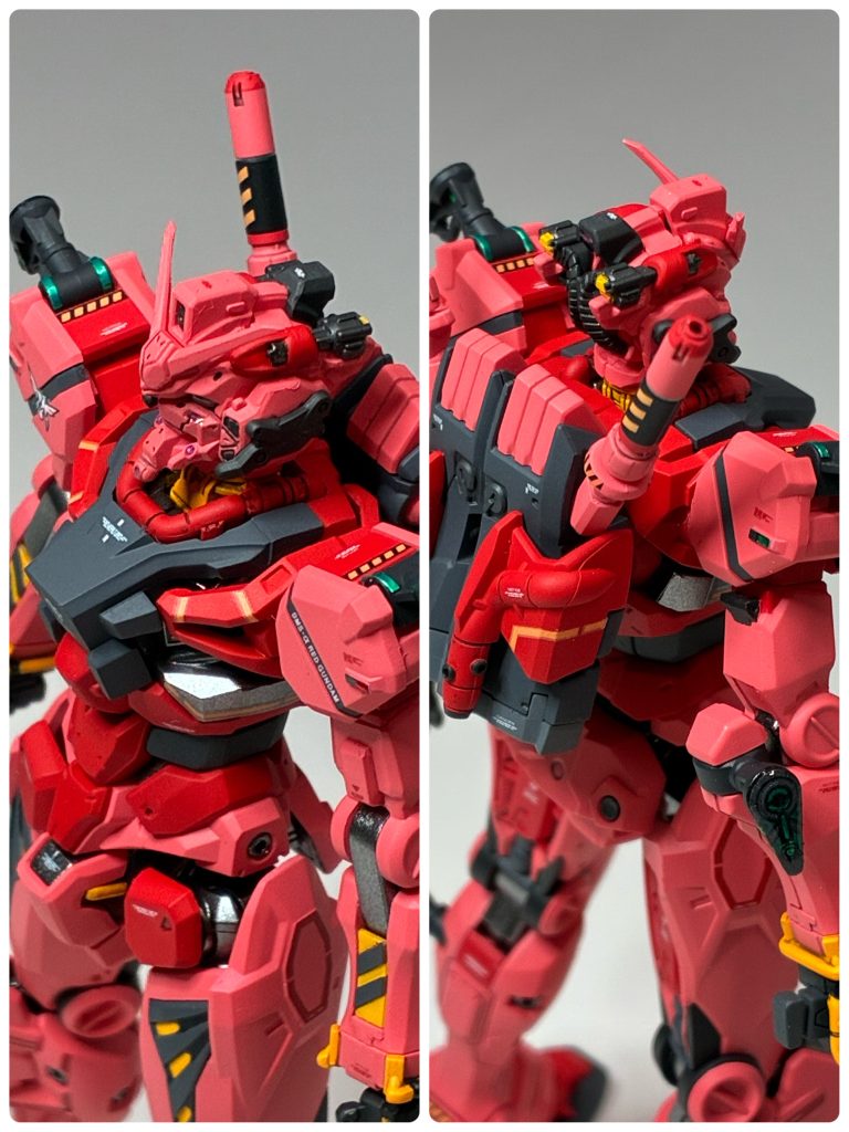 各部のハードポイントは、シールを貼り、足りないところは塗装でカバー。上からレジン封入して光沢仕上げにしました。途中で、シールで再現されていない所にも緑の部分があることに気づき、シールの余白のシルバーの上から緑で塗装し、部分的に貼りました。これなら塗装した緑部分は全て緑シールにすればよかったと後悔。軽キャノンではこの反省を活かしたいところです。ビームサーベルだけでも、赤い部分や黒い部分の塗り分けがあったり、肩のパーツも赤い部分もあったり、黄色と黒のシマ模様の警告マークは太ももの部分は黒とグレーの塗り分けも必要で、各所の塗り分けは地味に大変でした。