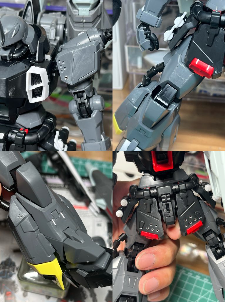 ●工作ブチ穴(全身)スジボリ(太もも)プラ板工作(スネなど)センサー(胸部+フロントスカート)目立つ空白にディティールアップを施しております。