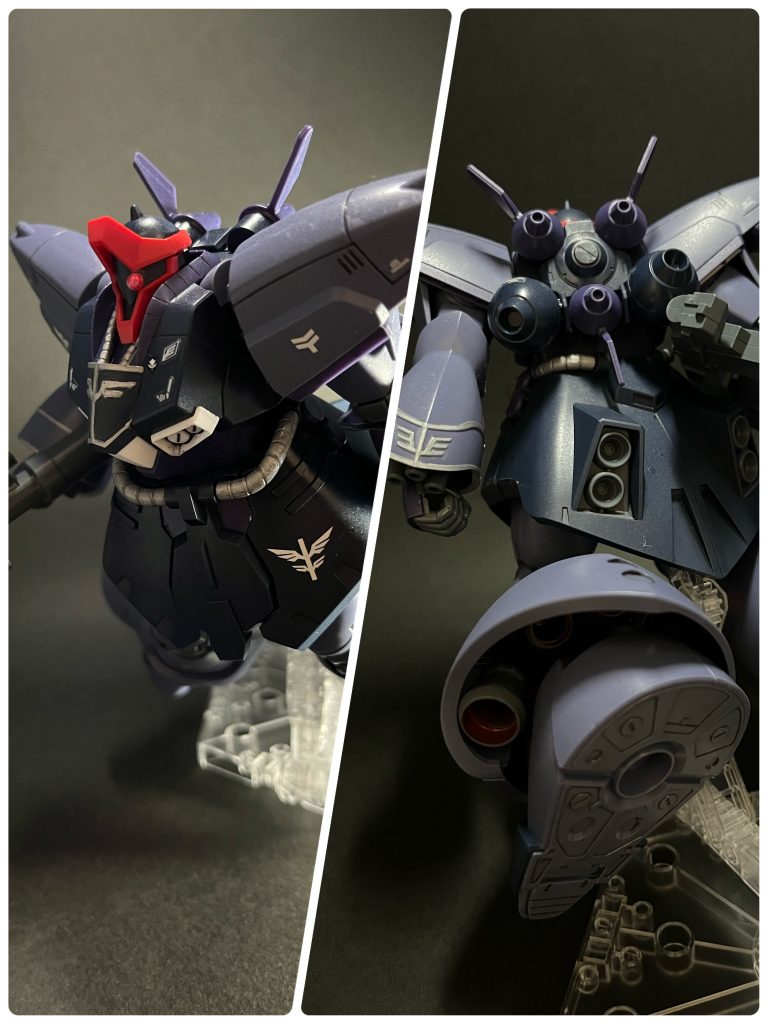 出撃手首や胸のネオジオンマークは、ガンダムマーカーで塗りました。シールがあるのですが、曲面に貼るとクシャっとなるのが嫌なので、塗りました。