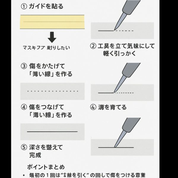 筋彫りするにはけがき出せる道具に尽きます。まずは（持ってなければ）製図用コンパスを格安で手に入れて頂きたく（メル◯◯最安）それと筋彫り 切り分けられれば最短 で 筋彫り 出来る様に手が動くようになります。続く🤓（4枚目）