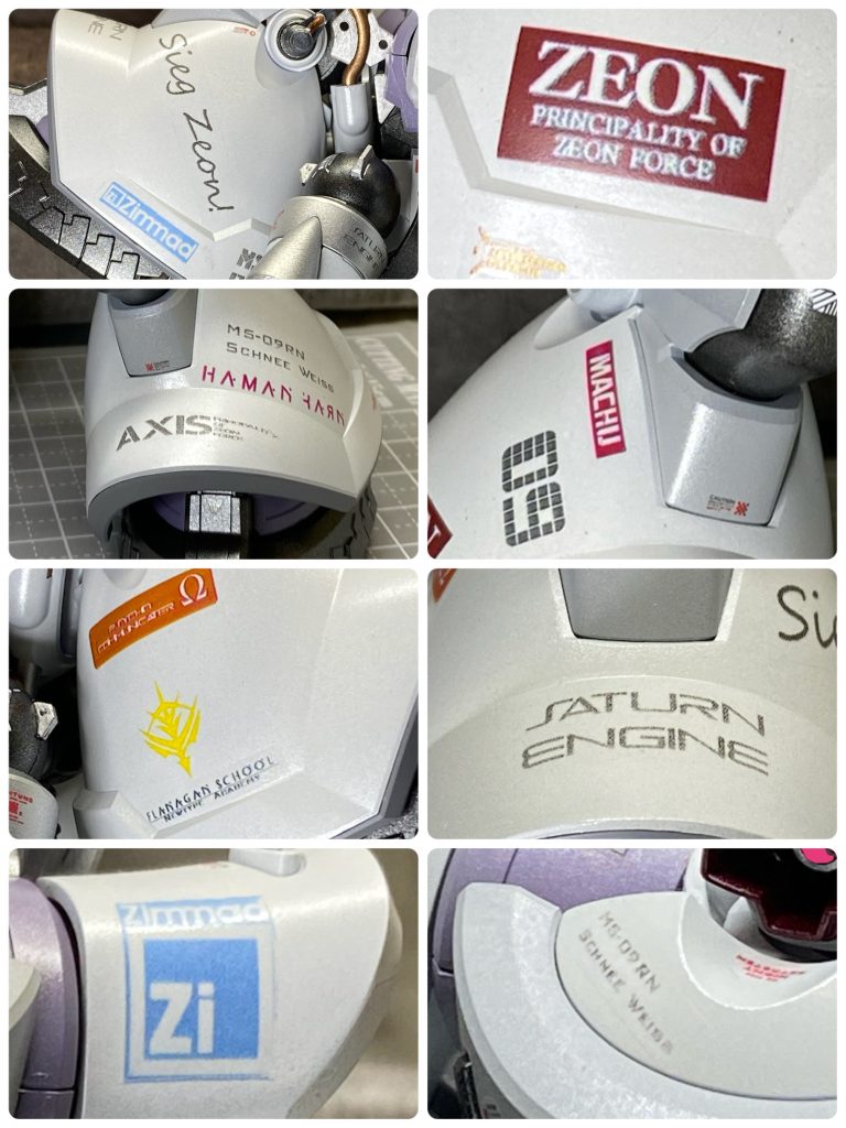 毎度お馴染みの自作デカールですが、今回は全体的に白っぽいカラーリングなので、下地を気にする事なく好き勝手に貼りまくれました！