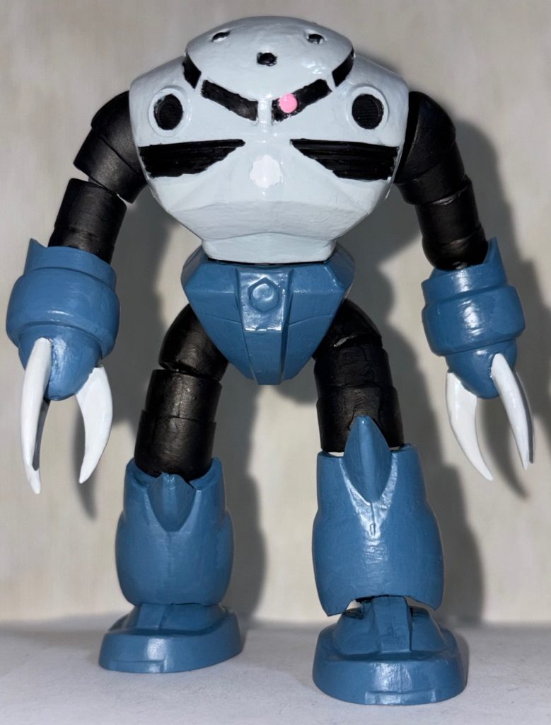 ↑合わせ目を消しつつ、塗装してできた完成品。旧キットの良いところは「そのまま作っても良し、魔改造してグリグリ動かせるようにしても良し」なとこである。リバイブ版やRG版を作るのも良いが300円の旧キットの方がアニメの外観に近く、あれこれ改造できる余地があるのでやりがいはある。これからも色んな旧キットを作っていきたいなぁ(zaku-kao5)