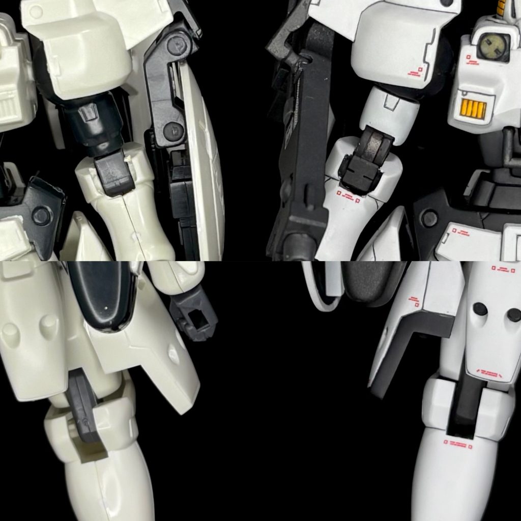 ここからはパチ組みとの比較。関節部から。肘関節を剥き出しのポリキャップからボールデンアームズに置き換えて、ついでに横に捻る方向に回転軸追加しています。膝の方はポリキャップのままですが、パーティングライン消し、表面処理後にプライマー→ラッカーで塗装しました。これがまたプラスチックを削るようにはいかなくて時間かかるんです(gundam-kao5)