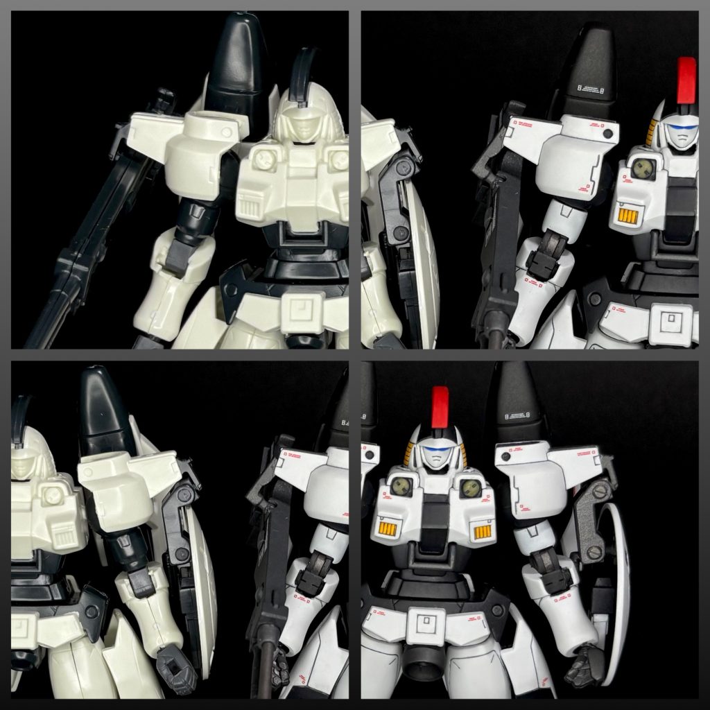 ドーバーガンとシールドの懸架部分の改造箇所。ドーバーガンの方は接続部分をボールジョイントにして可動域を広げましたが、本体やバーニアに干渉して思った以上には動かず(しかも動かしてる間に一回折れた-kao4)))思い切って稼働をもう一軸増やす方向の方がより自由にポーズ付け出来そうです。次回の課題ですね。シールドの方は基本的にはそのままですが、ポリキャップ丸見えの部分にコトブキヤのマイナスモールドパーツを埋め込んで見栄えを良くしました。