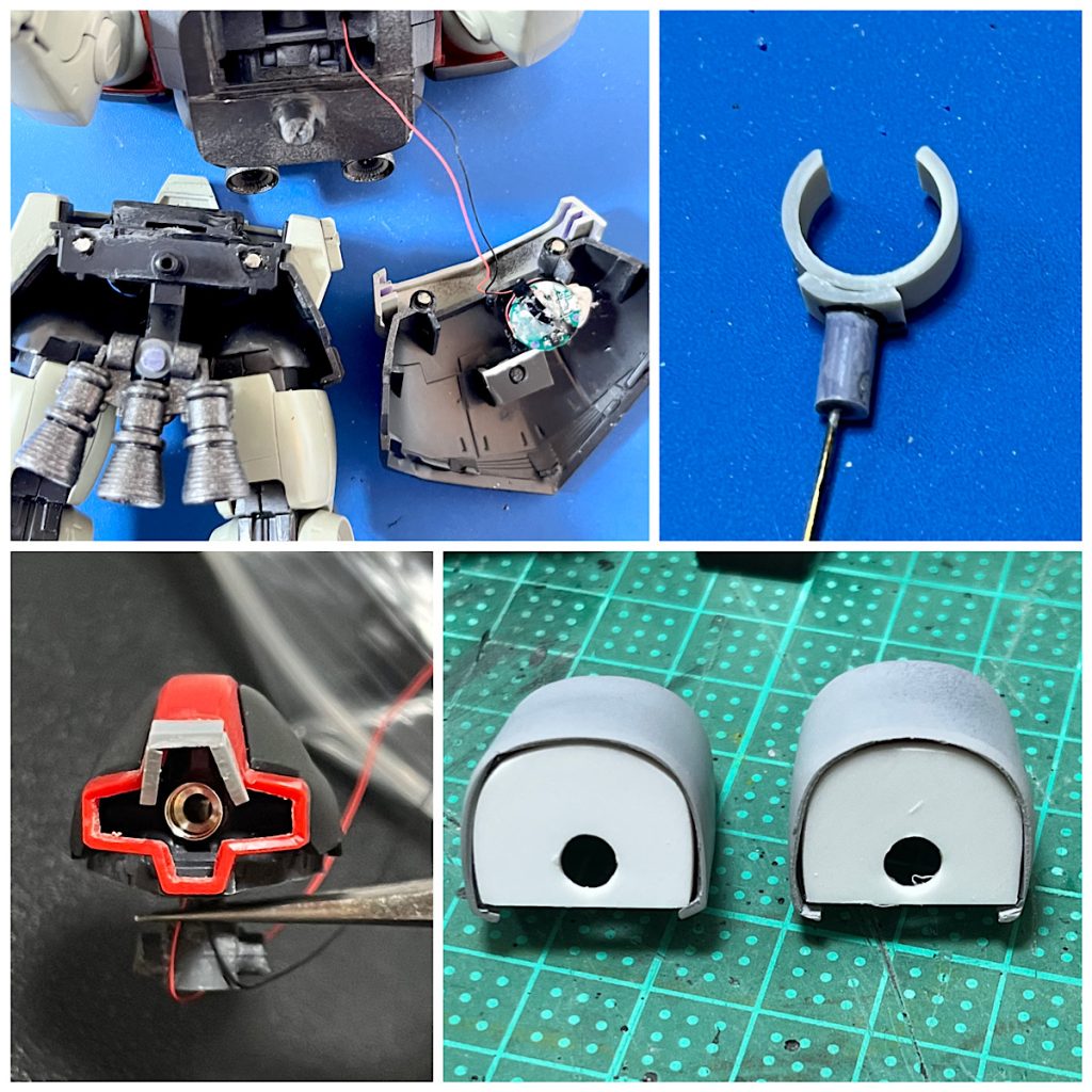 バーニアを下に移動させて空いたスペースにLED電池を貼り付け(ひっつき虫で)。スカートはネオジムで接続にしてます(接続ピンが折れちゃったので)バズーカのホルダーをプラパイプとランナーで自作肩はプラ板で幅増ししたついでに、接続軸を上方へ移動。肩の位置を上にしました。モノアイは金属製パーツに変更し、LEDを埋め込み。ひさしをプラ板で延長してます