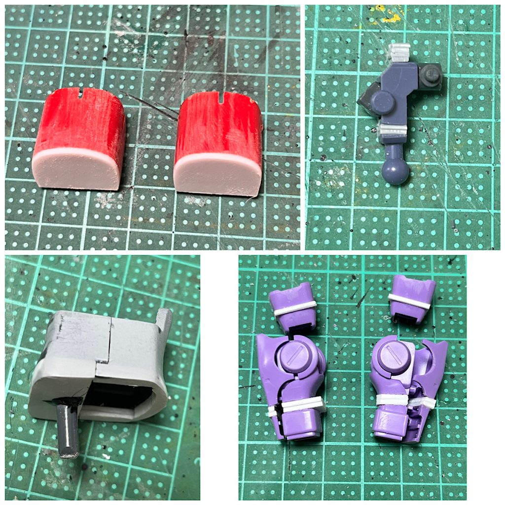 ここからはメイキングを少し。左上から時計回りで。肩は内側をプラ板で幅増し。外側も同じく幅増し。足首をプラ板で延長+上部にストッパーを付け腕は上腕前腕をプラ板で延長腰をプラ板で延長。前傾姿勢になるように軸もさし直し