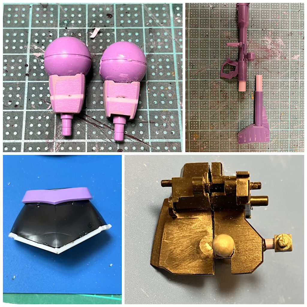 上腕を延長バズーカを延長足の接続軸を後方へ移動(軸を長くして足幅を広げ)+スカート内のバーニア接続部を下方へ移動(ランナーで軸として追加。中に補強の真鍮線を入れてます)スカート丈を延長