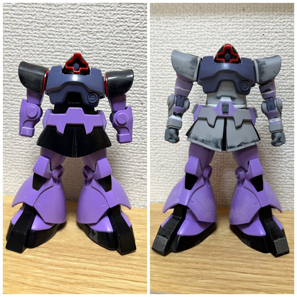 スタイル改修のビフォー&アフター。写真撮るのを忘れたけど、太もももプラ板で3mmほど延長してます。スラリとした印象になりました。